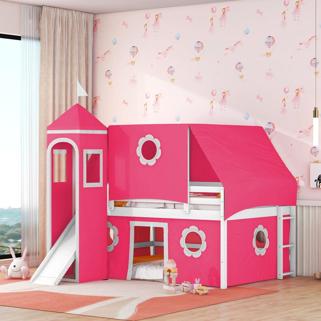 Streamdale Furniture Streamdale Full Size Loft Bed with Slide Pink Tent and Tower - Pink