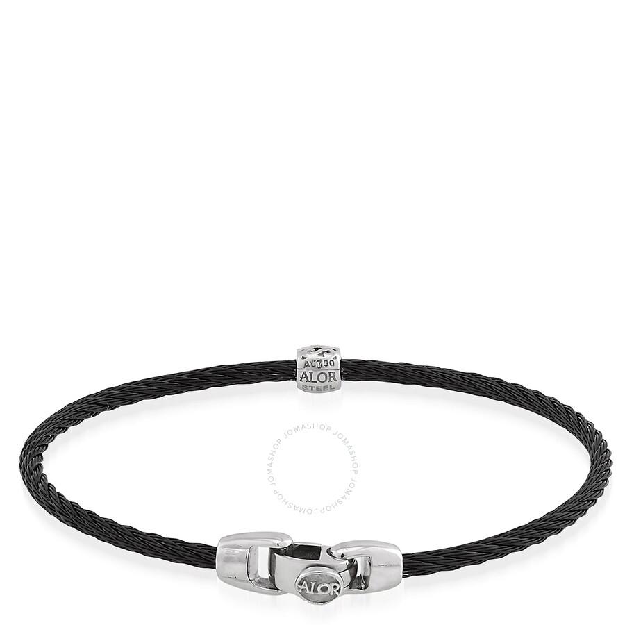 ALOR Black Cable Single Barrel Station Stackable Bracelet with 18kt White Gold & Diamonds