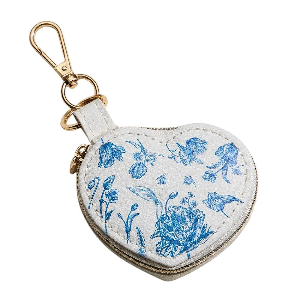 FASHNZFAB Floral Pattern Print Heart Shaped Jewelry Case Keychain Bag Charm 2