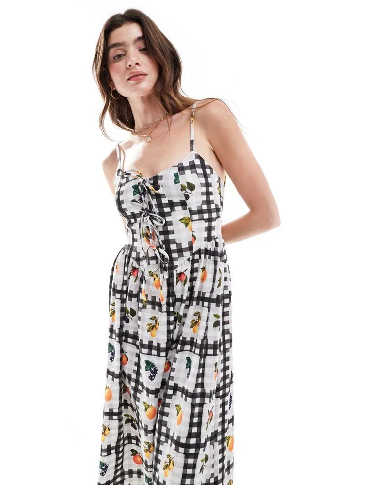 ASOS ASOS DESIGN tie front cami tea dress in black gingham fruit print 4