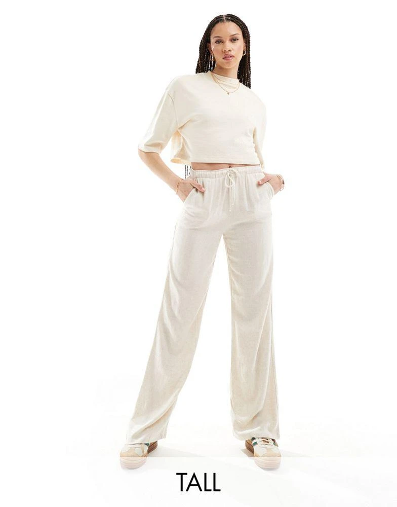 Stradivarius Stradivarius Tall linen look pull on trouser in natural 1