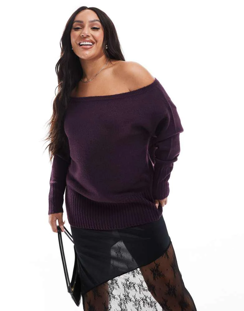 Yours Yours off shoulder bardot jumper in burgundy 1
