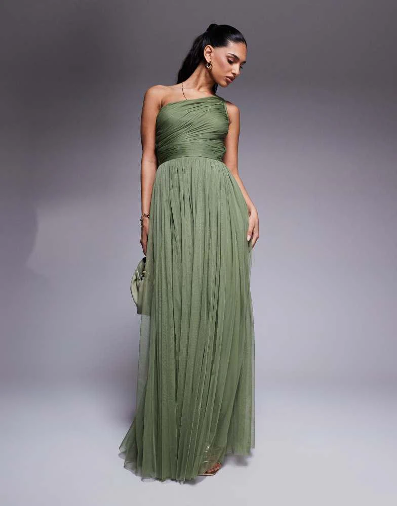 Lace & Beads Lace & Beads Bridesmaid one shoulder maxi dress in soft olive 1