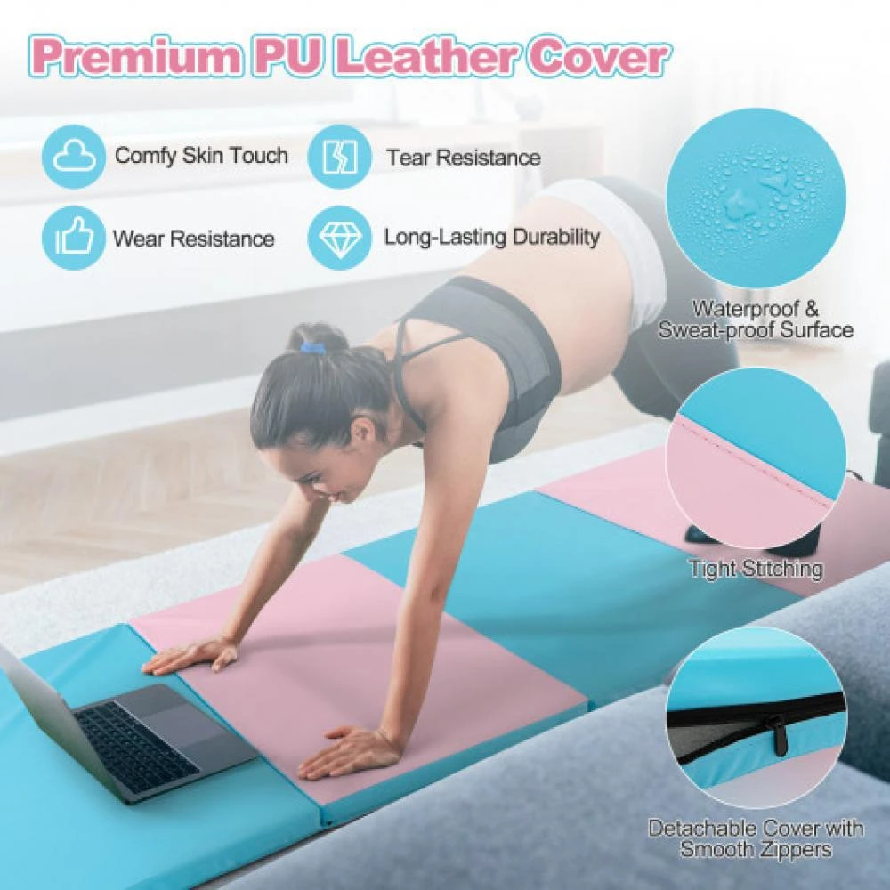 Hivvago Folding Gymnastics Mat with Carry Handles and Sweatproof Detachable PU Leather Cover-Blue 6