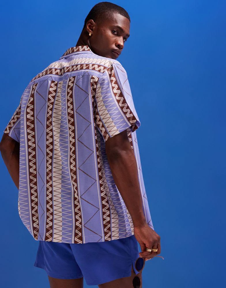 ASOS ASOS DESIGN relaxed revere beachy shirt in zig zag stripe print in purple 4