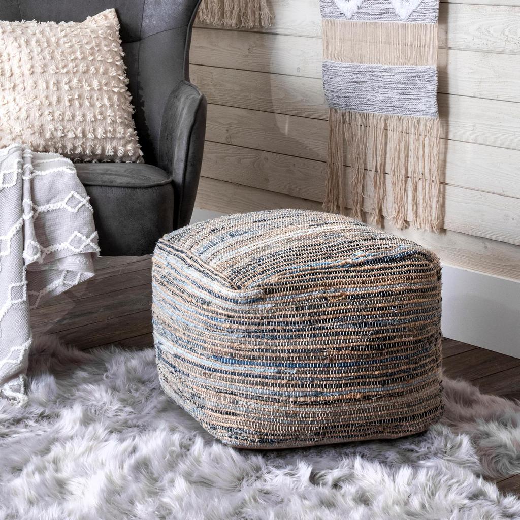 Granada Knitted Casual Denim and Jute Ottoman Pouf - Thumbnail 3