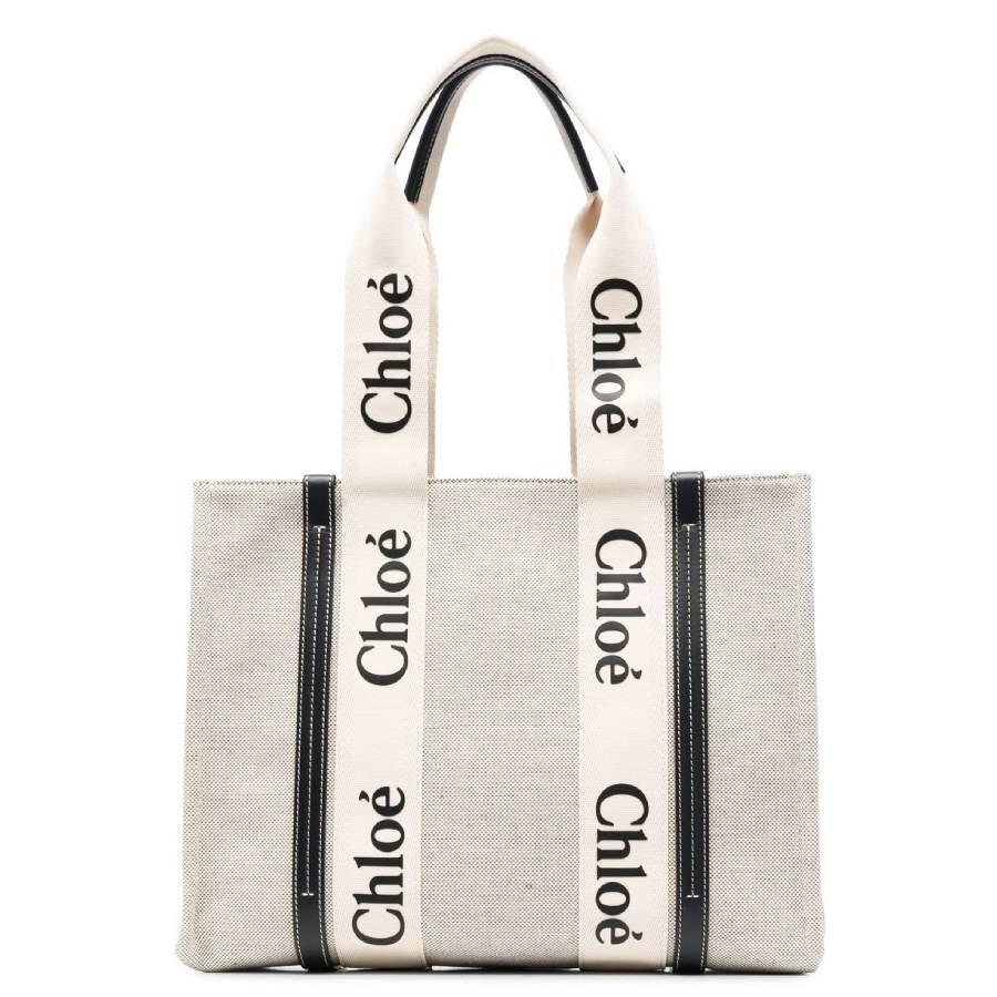 Chloé Medium Woody Linen Logo Tote Bag