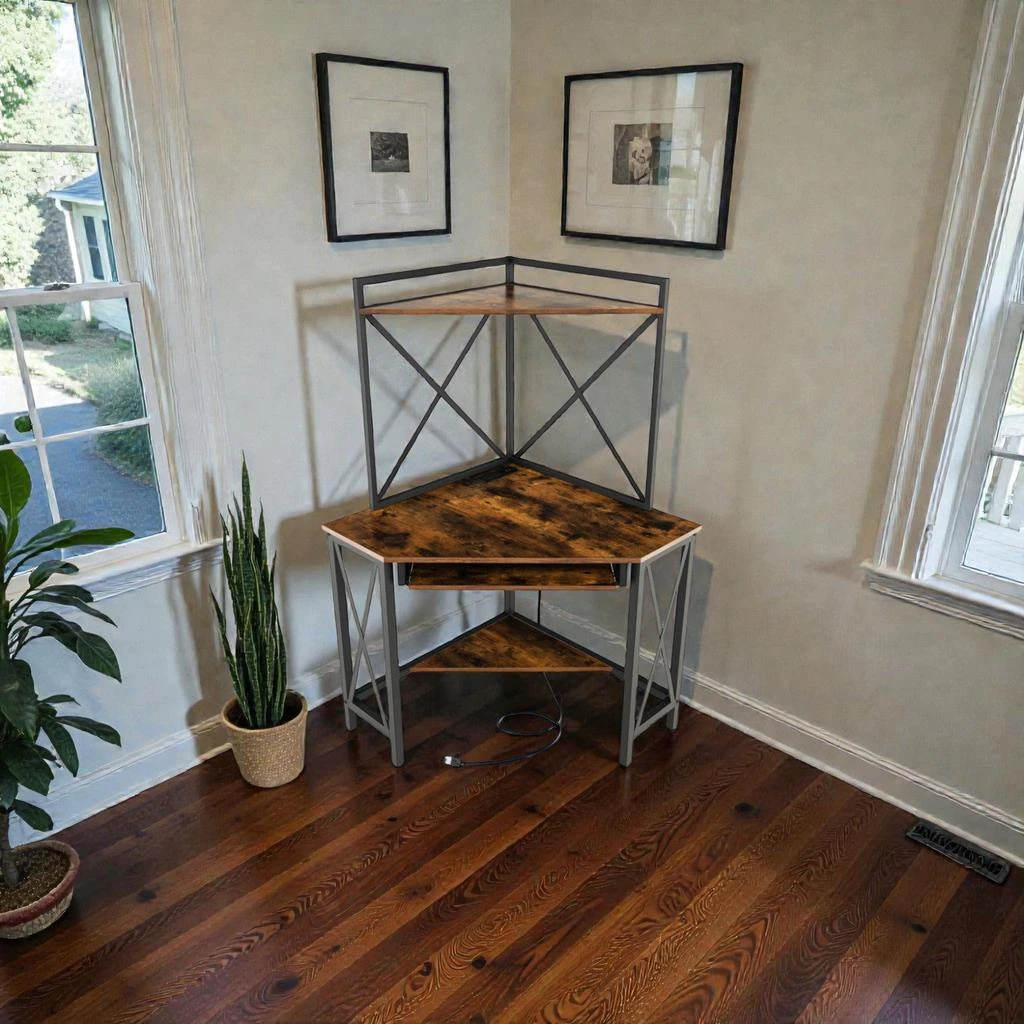 Hivvago Corner Study Desk with Hutch Storage and Pull-Out Keyboard Tray