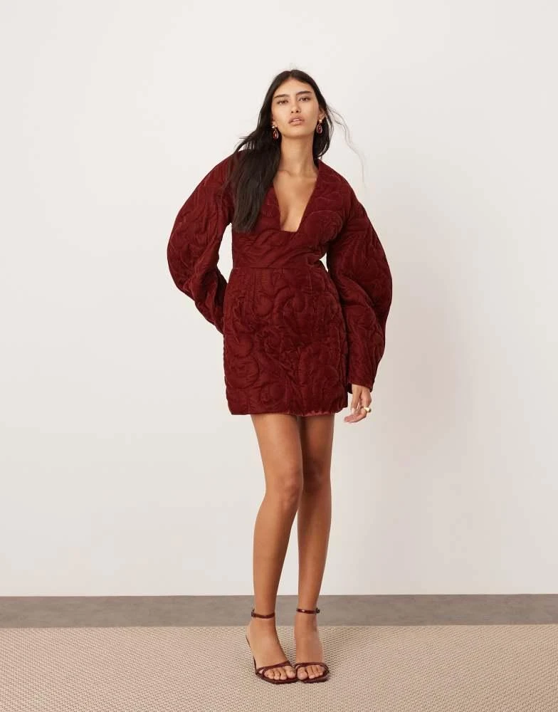 ASOS ASOS EDITION velvet embroidered quilted plunge mini dress with sleeve detail in burgundy 2