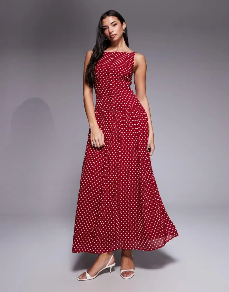 Kaiia Kaiia exclusive high square neck button through drop waist maxi dress  in red and white polka dot - Dresses & Skirts - Free Shipping - BeyondStyle