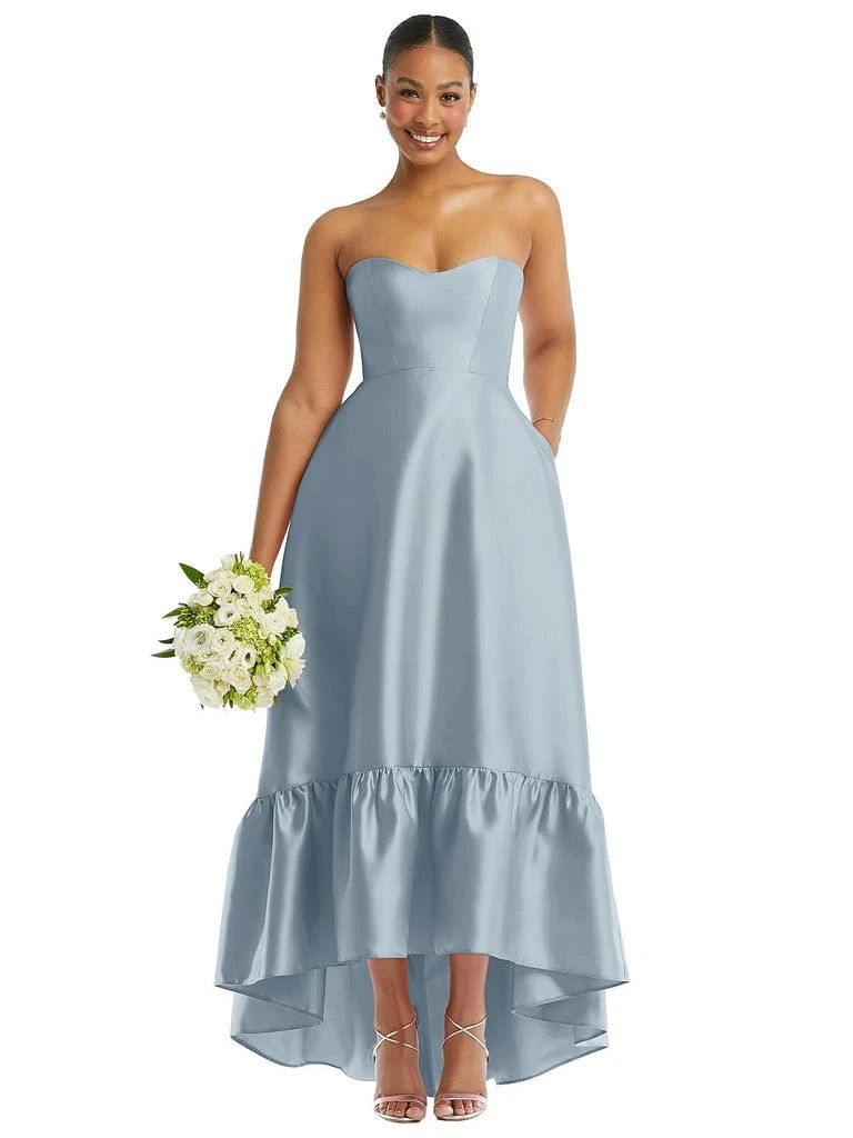 Alfred Sung Strapless Deep Ruffle Hem Satin High Low Dress with Pockets 4