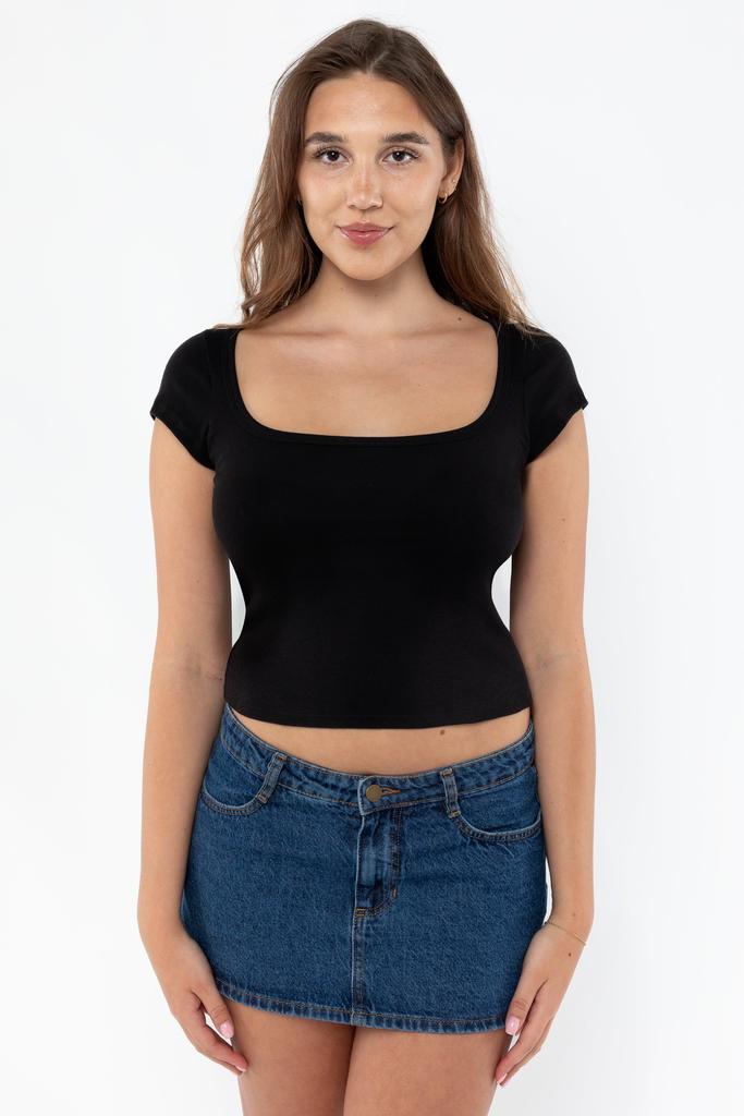 Los Angeles Apparel 43023 - Baby Rib Square Neck Cap Sleeve Tee