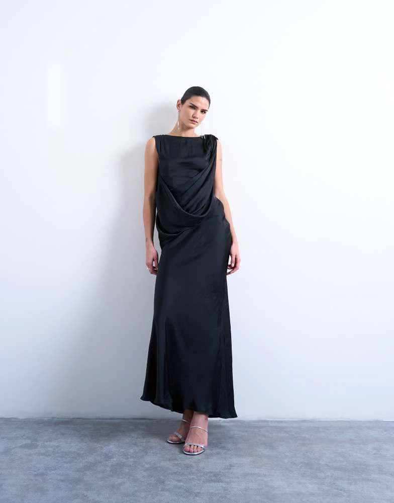 topshop black satin dress Topshop satin draped neck maxi dress with lace trim in black