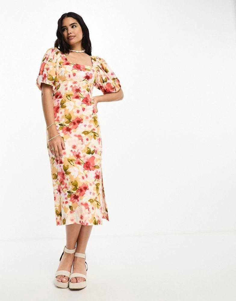 Moon River Moon River square neck puff sleeve midi dress in orange floral 1