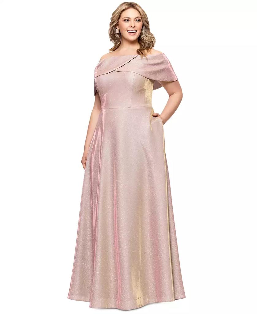 Betsy & Adam Plus Size Metallic Off-The-Shoulder Gown