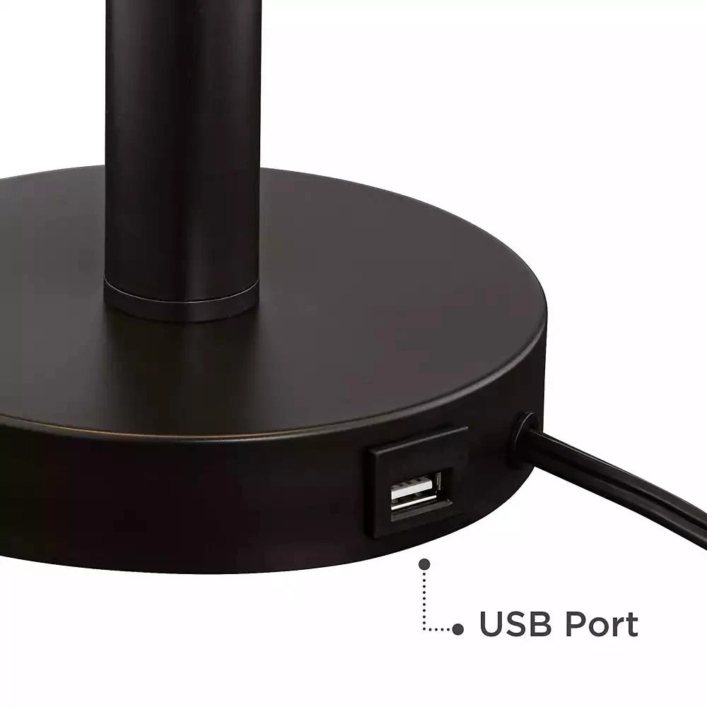 Franklin Iron Works Bernie Industrial Table Lamps 25" High Set of 2 Rich Bronze with USB Charging Port Tan Drum Shade for Bedroom Living Room Bedside 6