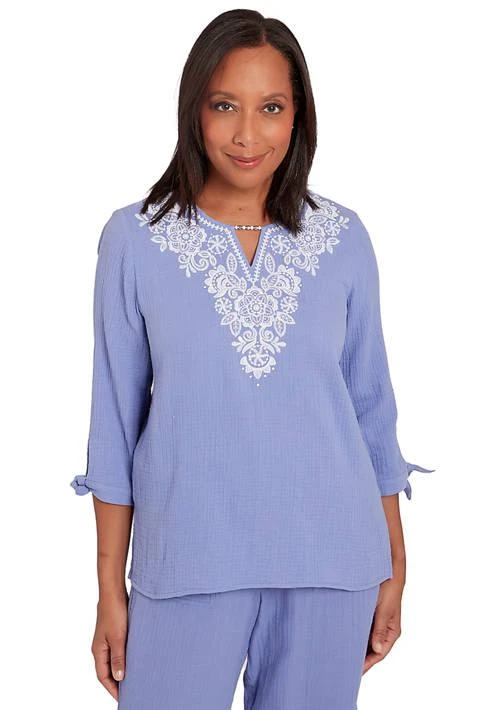 Alfred Dunner Dunner Womens Summer Breeze Embroidered Yoke Gauze Top 1