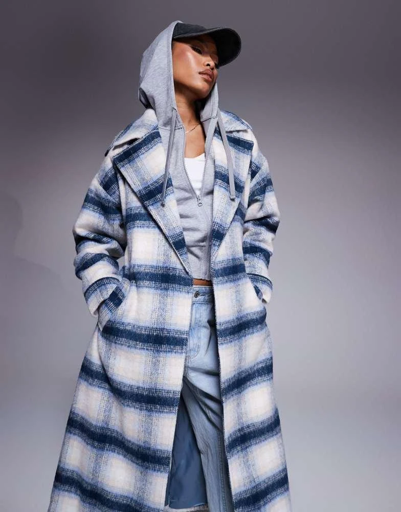 River Island River Island wool look belted coat in blue check 1