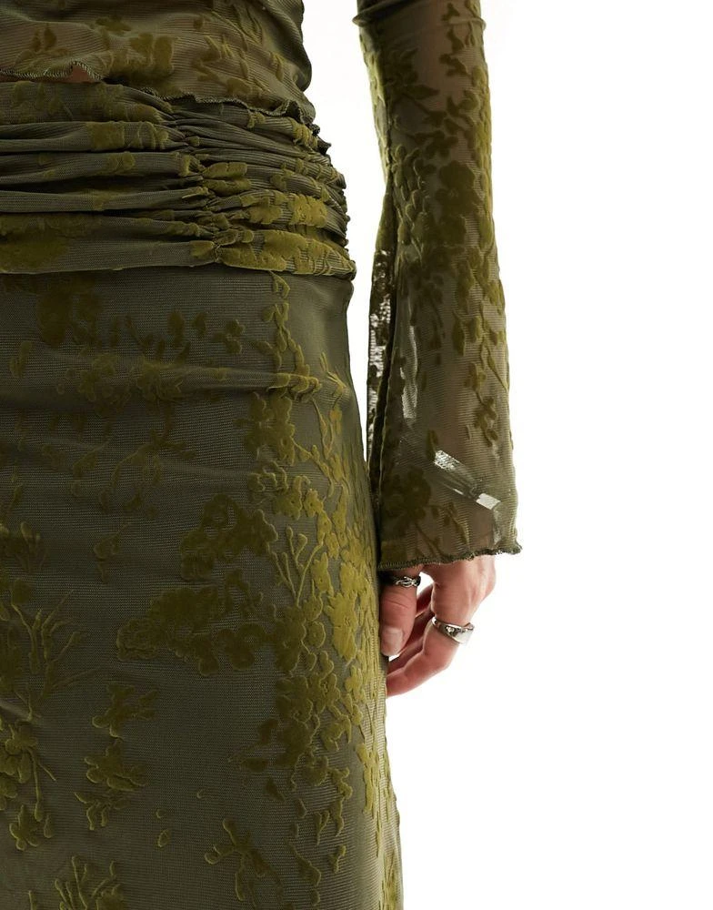 Motel Motel flocked floral knee-length skirt in olive green co-ord 5