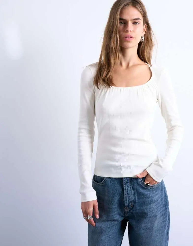 Topshop Topshop rib scoop tie neck long sleeve top in ivory 2