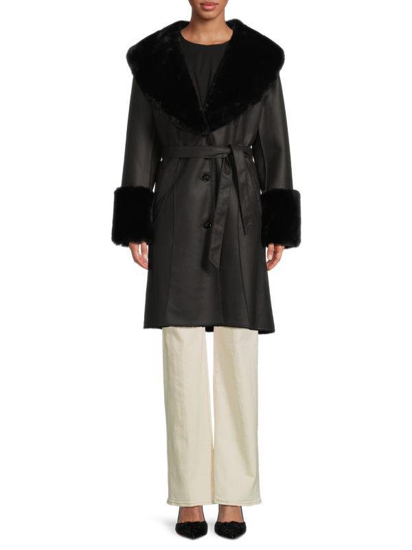 BELLE FARE Faux Shearling & Faux Leather Wrap Coat