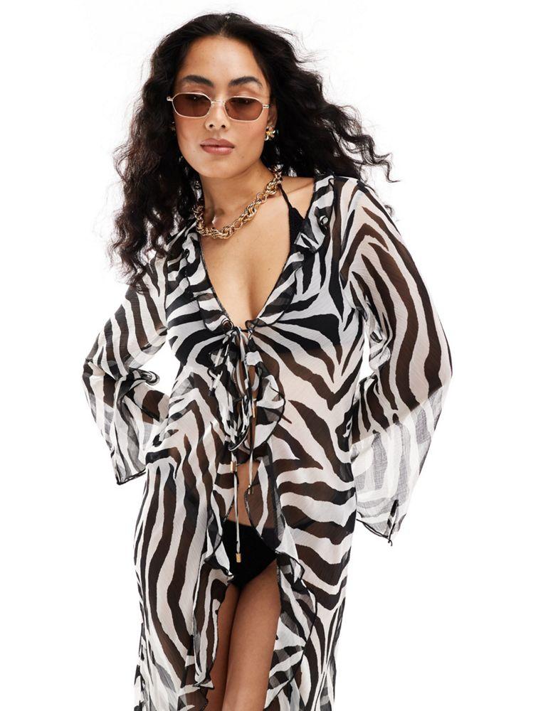 Miss Selfridge Miss Selfridge beach frill detail maxi kimono in zebra