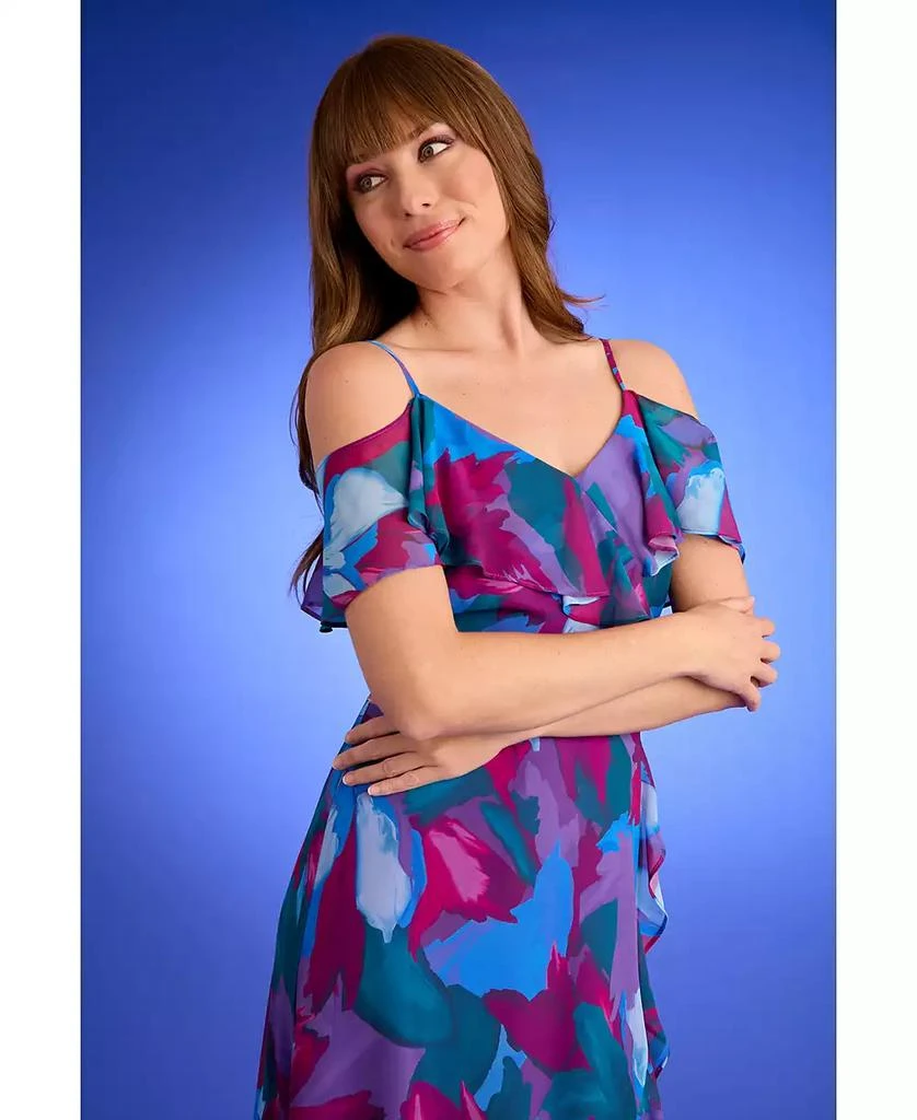 London Times Petite Printed Cold-Shoulder Ruffle Chiffon Dress 7