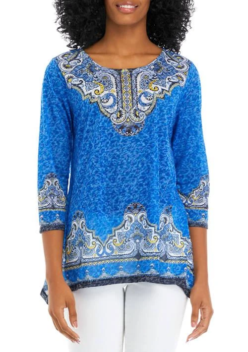 Ruby Rd Rd Womens Embellished Neck Printed Knit Top 1