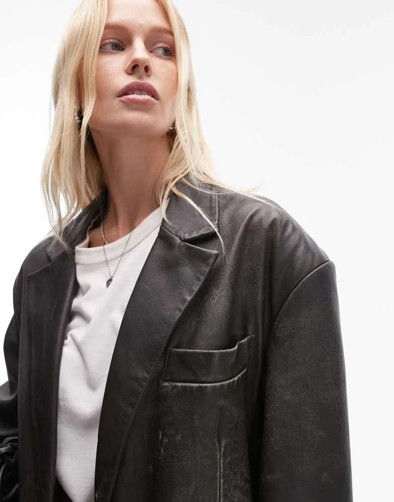Topshop Topshop premium real leather coat in washed black 2