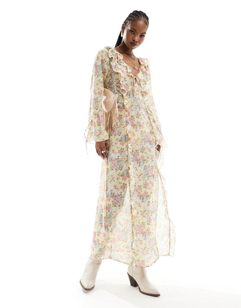 Kiss The Sky Kiss The Sky sheer maxi dress with ruffles and tie cuffs