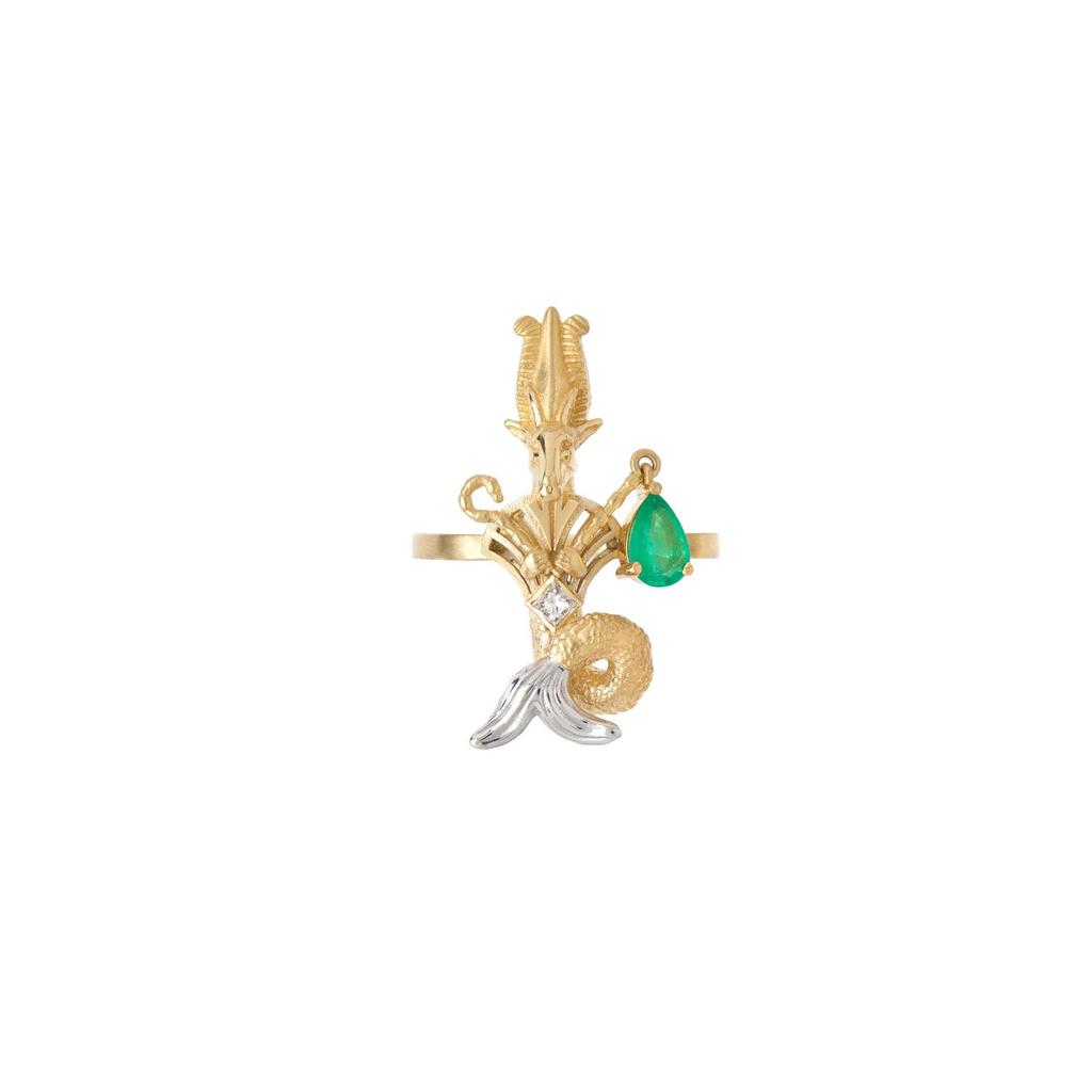 Mozafarian Emerald and diamond capricorn ring