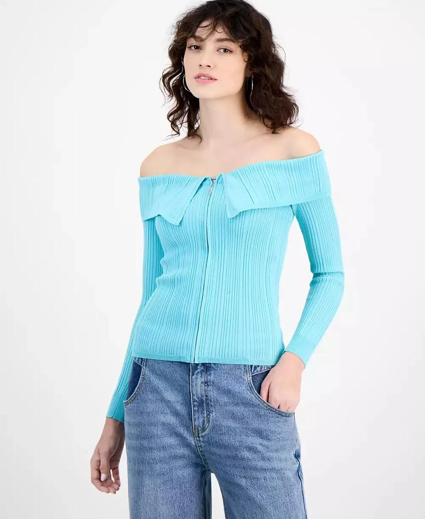 Bar III Women's Off-The-Shoulder Zippered Long-Sleeve Top, Exclusively at Macy's 1