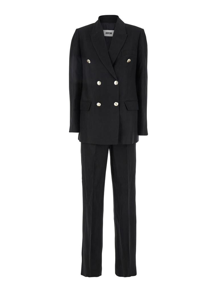 MAURO GRIFONI Black Double-breasted Suit With Notched Revers In Viscose And Linen Blend Woman