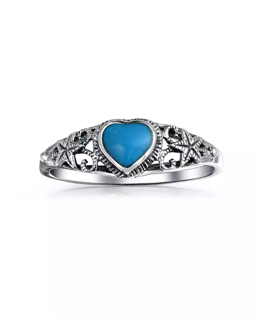 Bling Jewelry Nautical Starfish Stabilized Turquoise Heart Band Ring Oxidized Sterling Silver 2