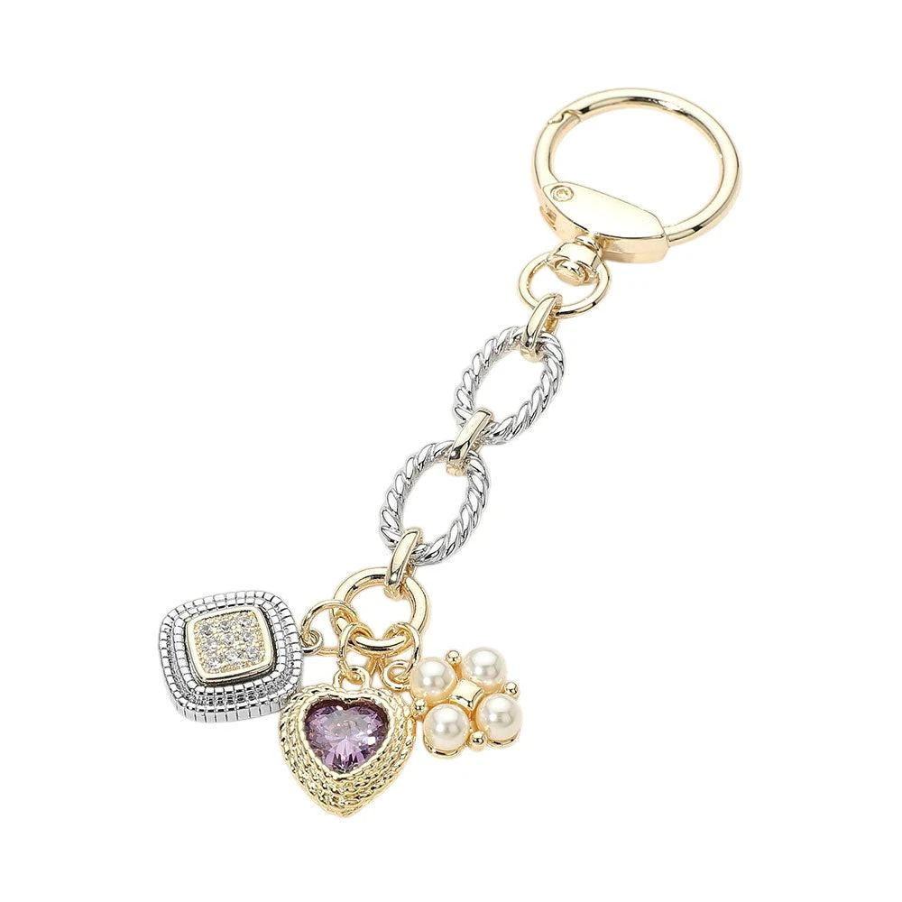 FASHNZFAB 14K Gold Plated CZ Heart Square Pearl Cluster Charm Drop Keychain Bag Charm 2