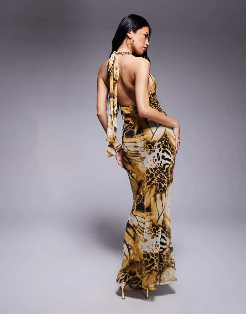 ASOS DESIGN cowl halterneck maxi dress with knot detail in yellow animal  print  On Sale Now with Up to 70% Off | Discover Exclusive Deals & Savings  at BeyondStyle  Authentic