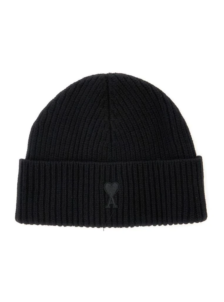 AMI Black Ribbed Knit Beanie With Logo Embroidery On The Front In Wool Man 1