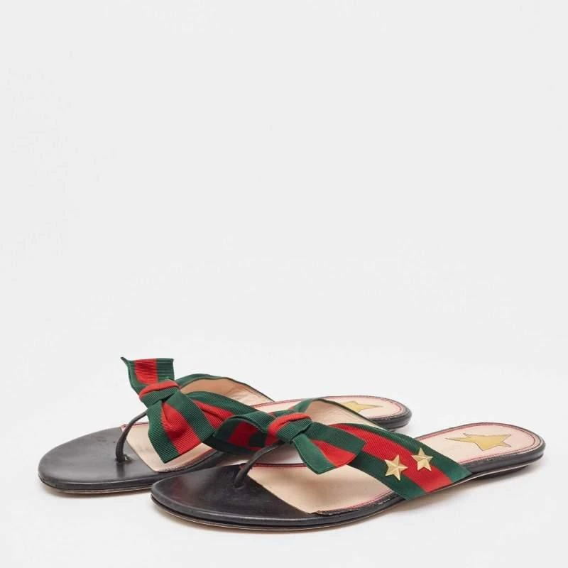 Gucci Red/Green Web Canvas Star Bow Flat Slides Size 37.5  display picture 3