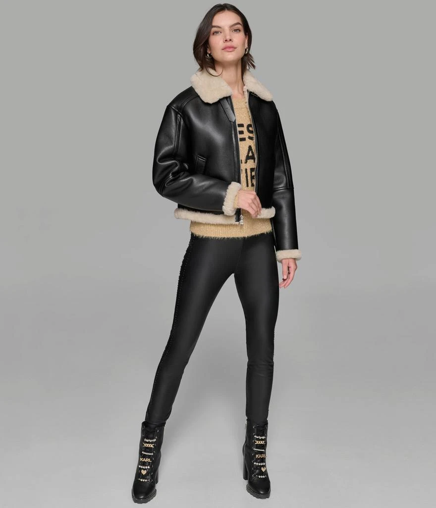 Karl Lagerfeld Paris CROPPED FAUX LEATHER JACKET WITH FAUX SHEARLING 7