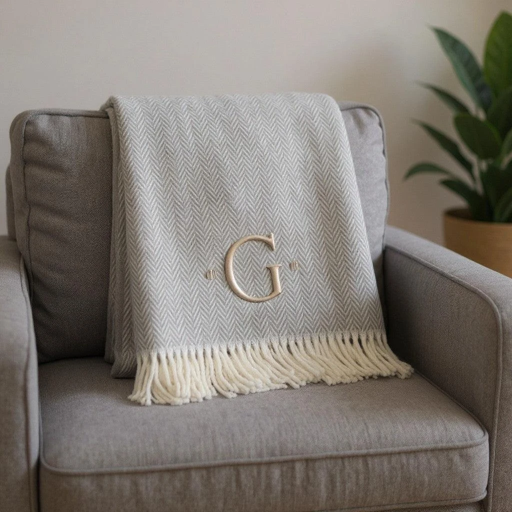 Hivvago 55" X 70" Gray And White Herringbone Cotton Blend G Initial Throw Blanket with Tassels And Embroidery 2
