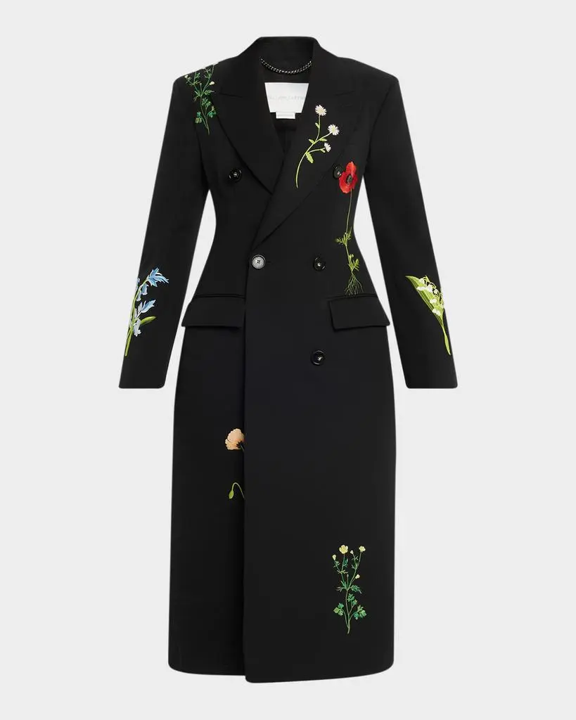 Stella McCartney Flower Embroidered Wool Double-Breasted Long Coat