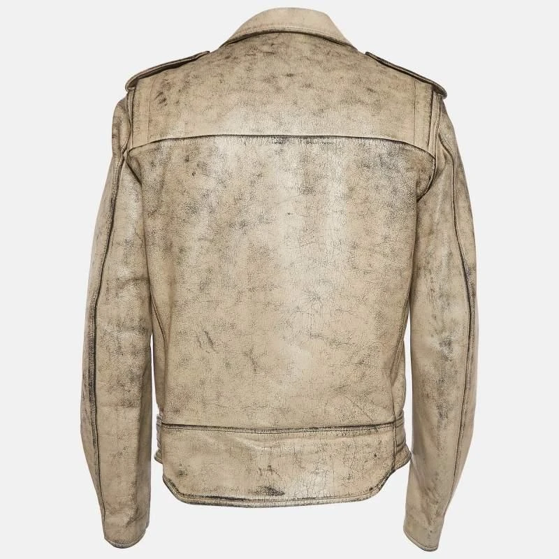 John Elliott John Elliott X Blackmeans Beige Distress Ivory Paint Leather Riders Jacket XL 2