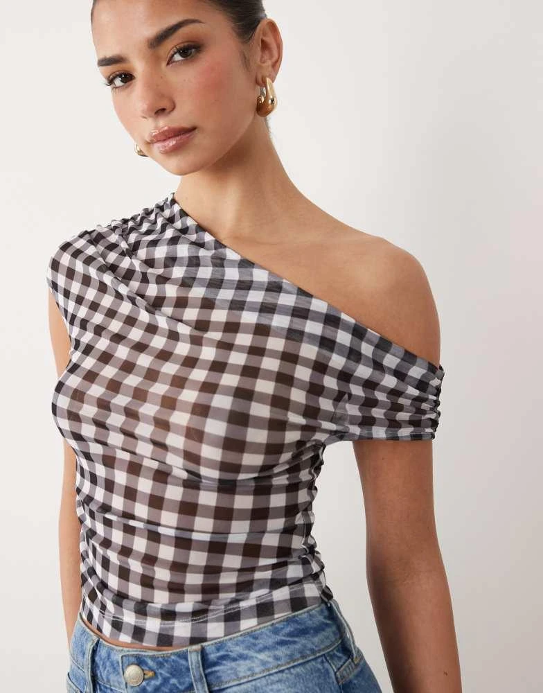 ASOS ASOS DESIGN sheer mesh ruched off shoulder asymmetric top in black gingham