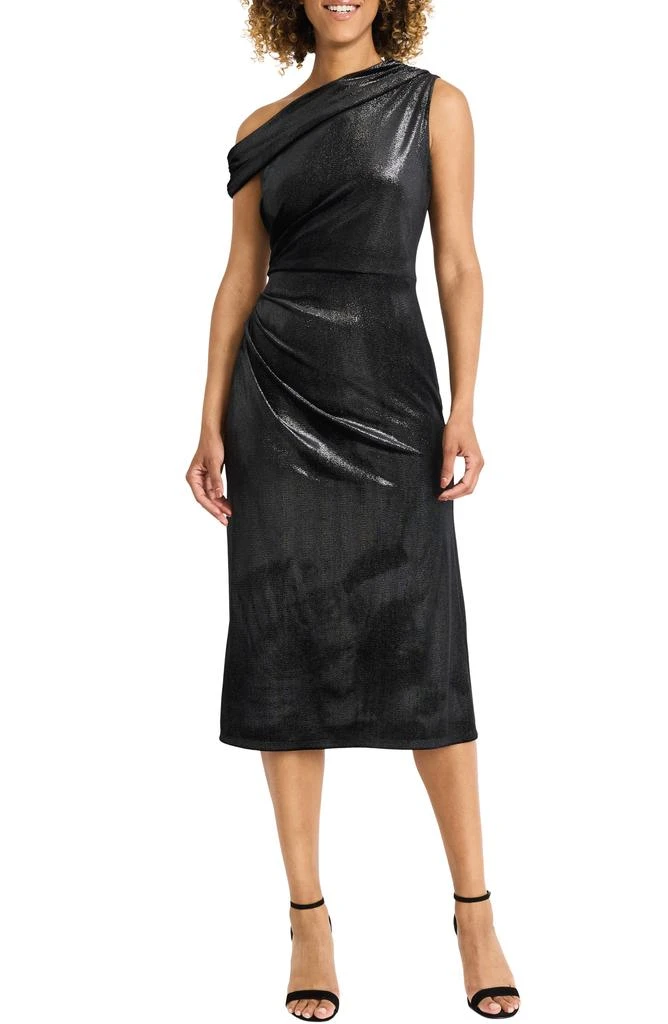 Maggy London One-Shoulder Glitter Ruched Jersey Midi Cocktail Dress 1