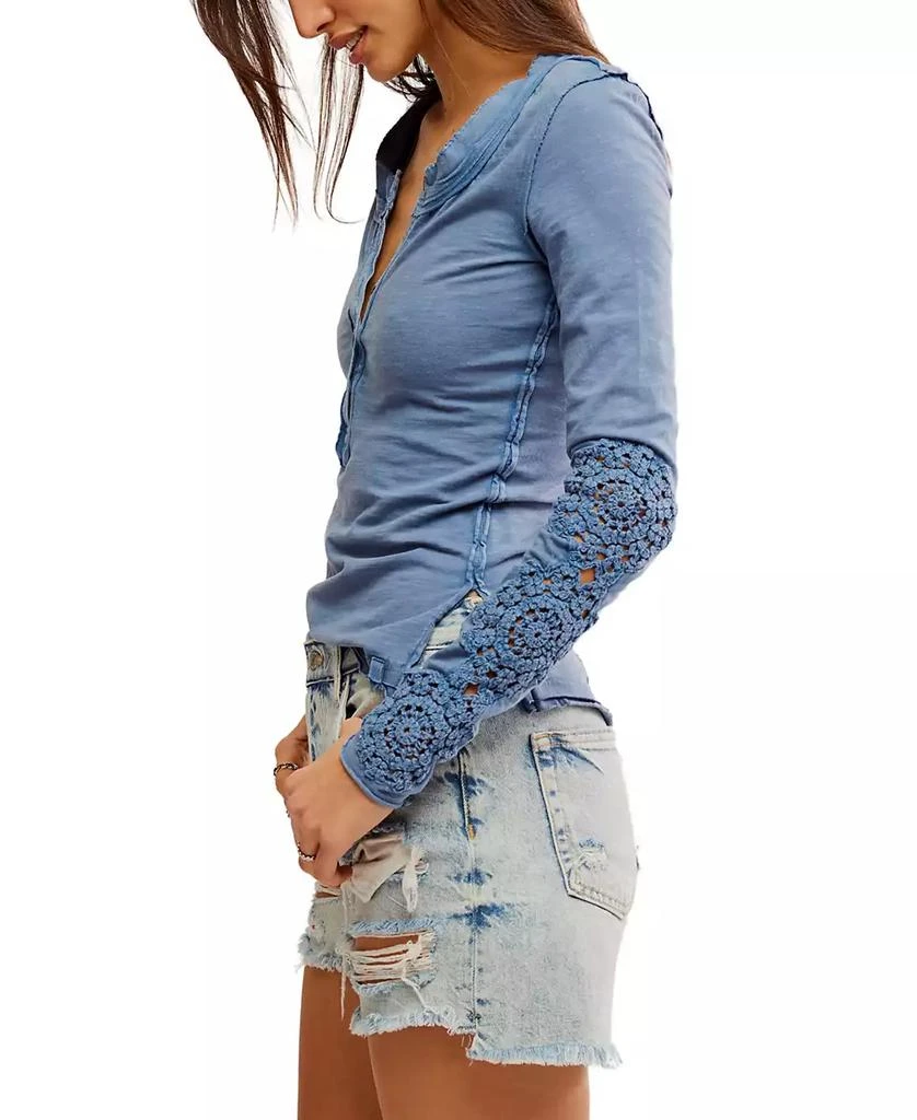 Free People Women's Our Song Cotton Henley Crochet-Cuff Top 3