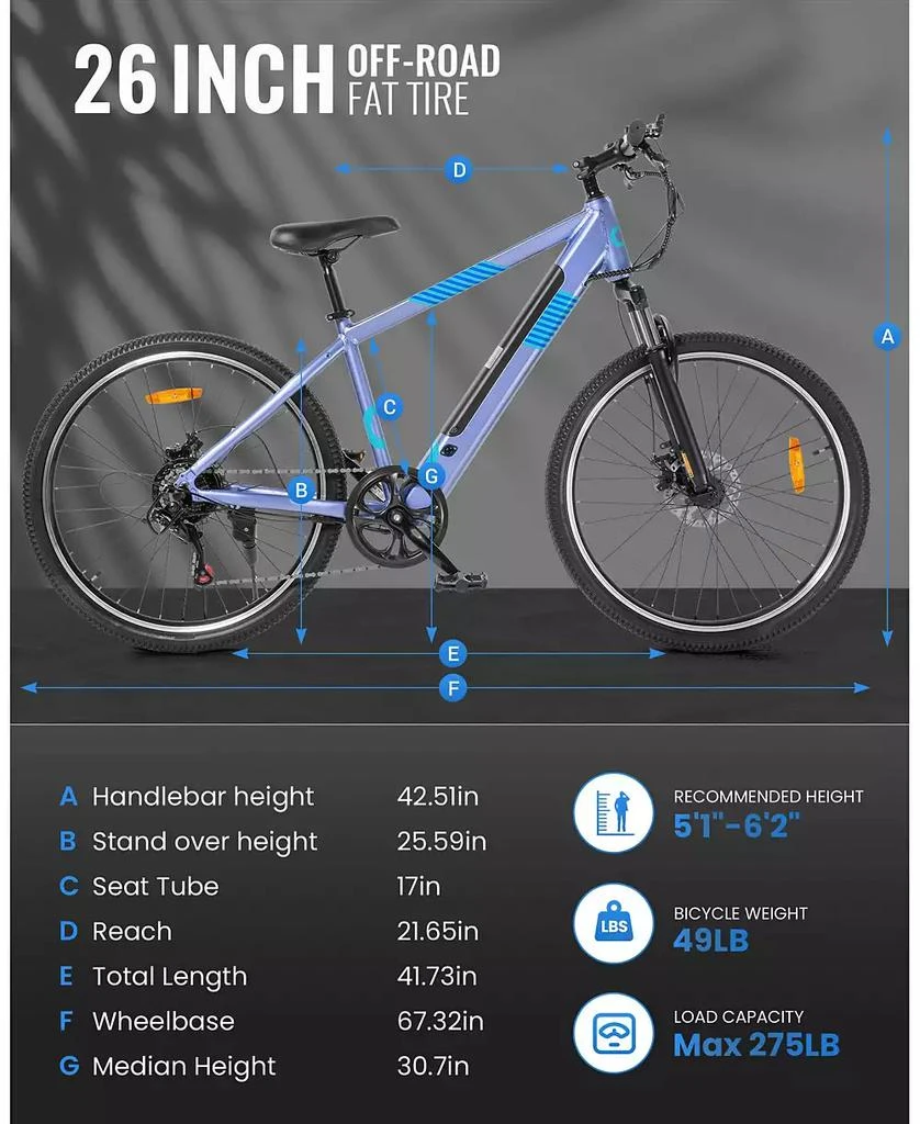 Gyroor 350W Electric Bike 26" Electric Mountain Bike for Adults, 36V Built-in Hidden Removable Battery with Shimano 7 Speed City Commuter Bike for Man Woman 4