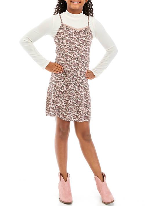 Belle Du Jour Du Jour Girls 7 16 Floral Jumper Dress With Mock Neck T Shirt