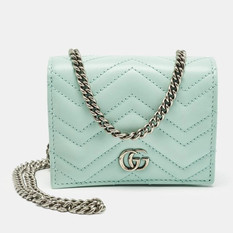 Gucci Gucci Light Mint Green Matelassé Leather GG Marmont Compact Wallet on Chain 1