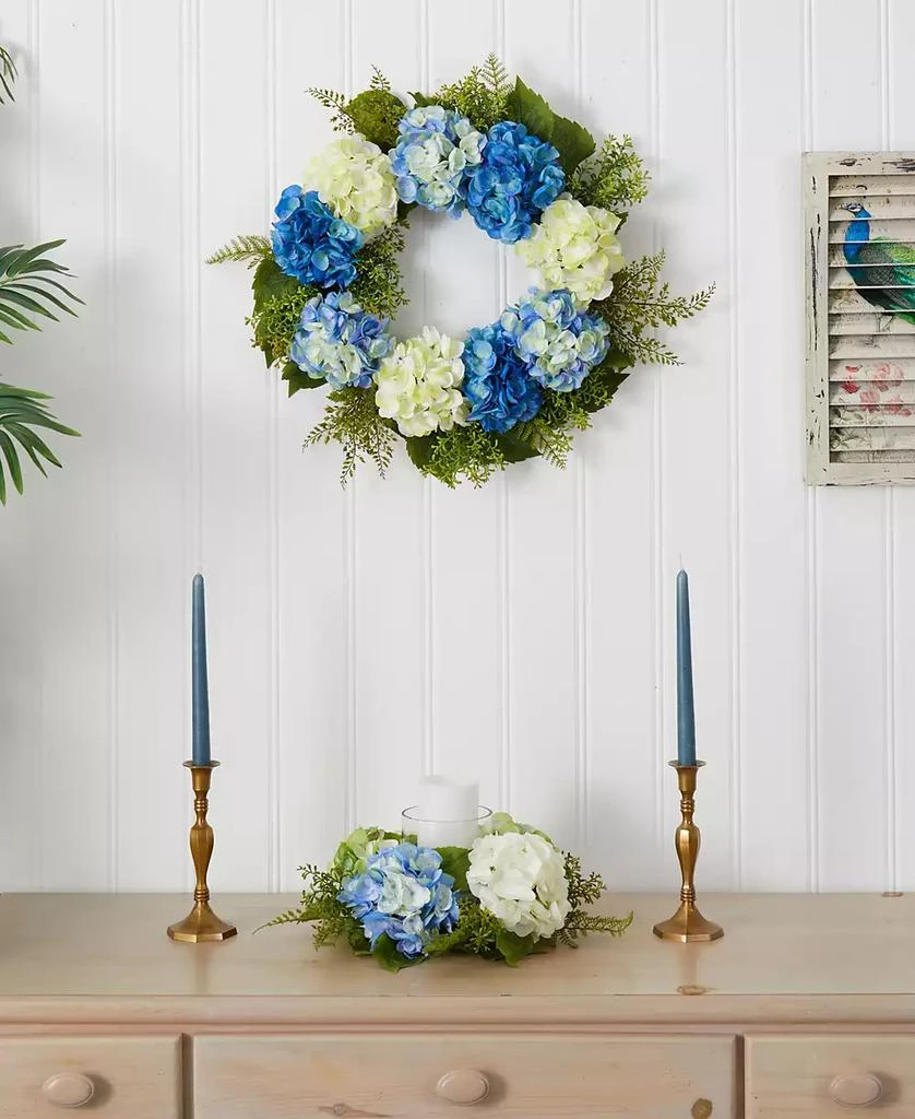 NEARLY NATURAL 24" Hydrangea Blue & White Wreath 5