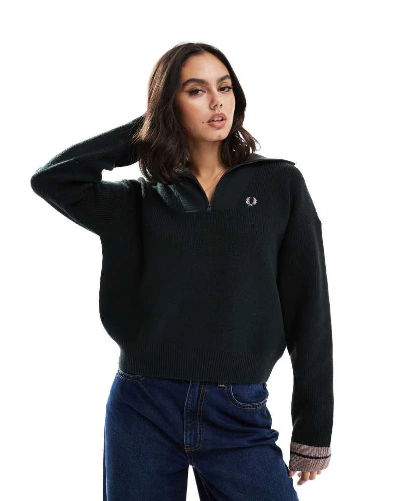 Fred Perry Fred Perry half zip knitted jumper in dark green and dusty pink 1